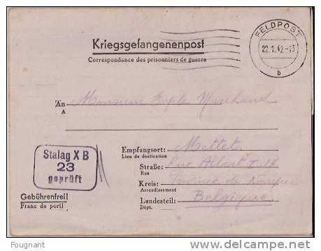 BELGIQUE : :1942:Lettre De Prisonnier.oblit.Feldpost +Cachet Stalag XB-23-geprüft.Lettre Envoyée à METTET(Belgique). - Guerra '40-'45 (Storia Postale)