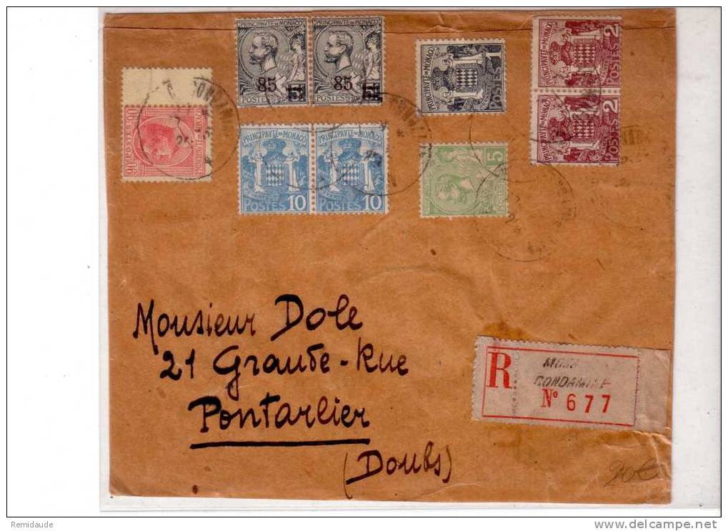 MONACO - 1925 - DEVANT De LETTRE (ou ETIQUETTE De Paquet)  RECOMMANDEE De MONACO CONDAMINE Pour PONTARLIER (DOUBS) - Poststempel