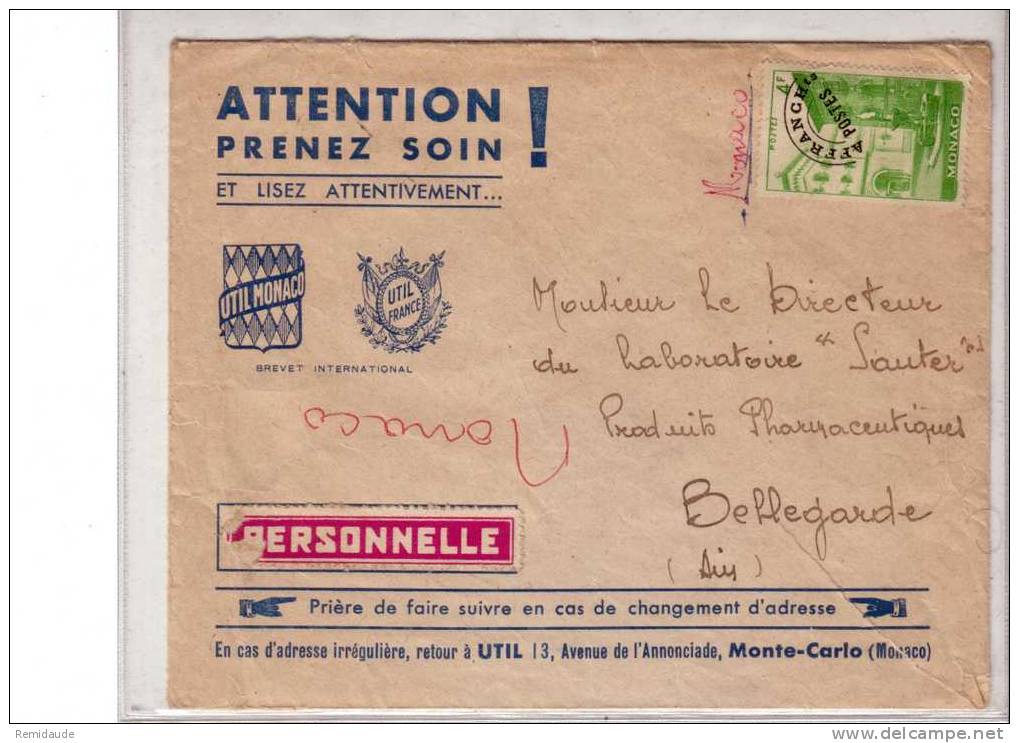 MONACO - 1948/9 - PREOBLITERE YVERT N° 3 Seul Sur LETTRE PUBLICITAIRE De MONTE CARLO Pour BELLEGARDE (AIN) - Storia Postale