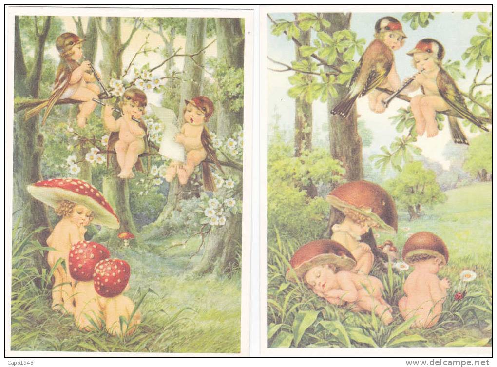 CARD    BERTIGLIA LOTTO  2 CARDS MODERNE FUNGHI BAMBINI E PASSERI E COCCINELLA  -FG-N-2-  0882-9970 - Other & Unclassified