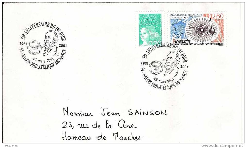 NANCY_50° Ann.du Premier Jour De Jules Ferry Saint Dié_SALON PHILATELIQUE DE NANCY_23-03-2001_ Sur Lettre - Temporary Postmarks