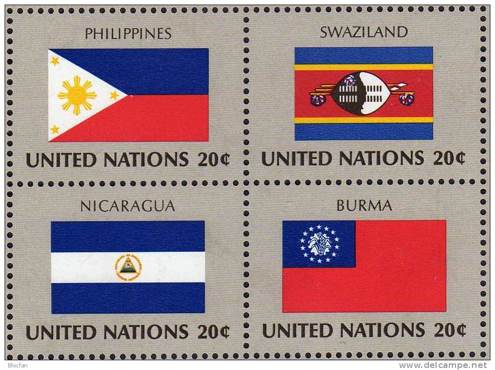 Flaggen III UNO 4-Block 1982 New York 397/412 ER+4xVB ** 13€ Malaysia Seychellen Mocambique Swasiland M/s Sheet Bf UN-NY - Colecciones (en álbumes)