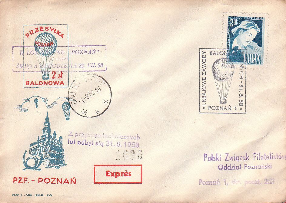 1958 Balloon Mail - Transported In A Balloon | POZNAN - Ballons