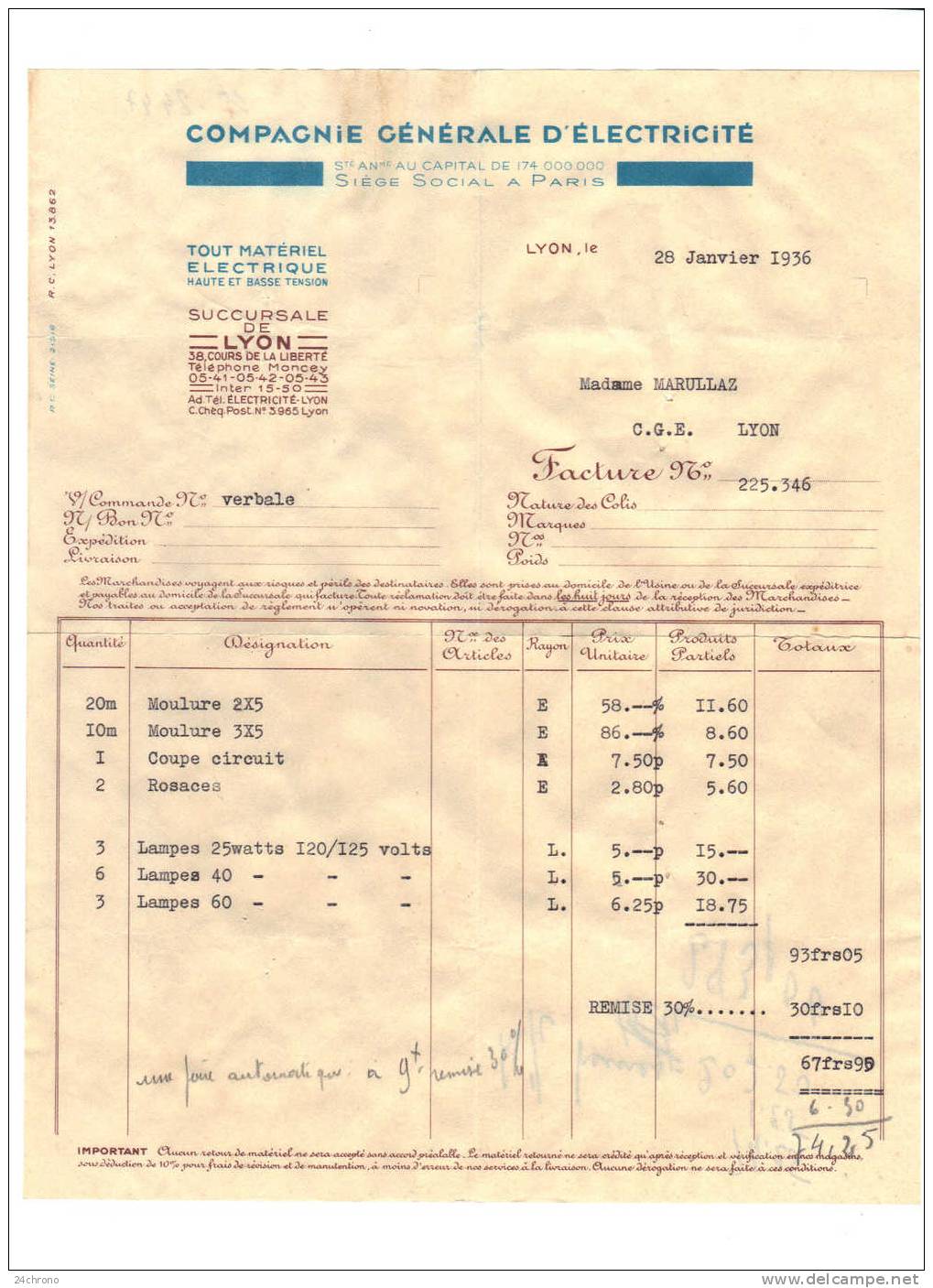 Facture De La Compagnie Generale D' Electricite à Lyon Du 28 Janvier 1936 (10-2447) - Electricité & Gaz