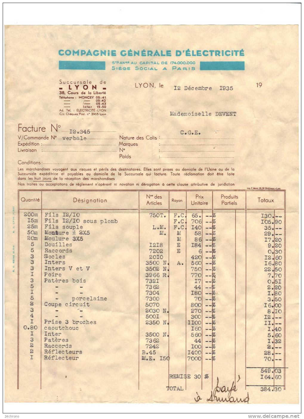 Facture De La Compagnie Generale D´ Electricite à Lyon Du 12 Decembre 1935 (10-2449) - Elettricità & Gas