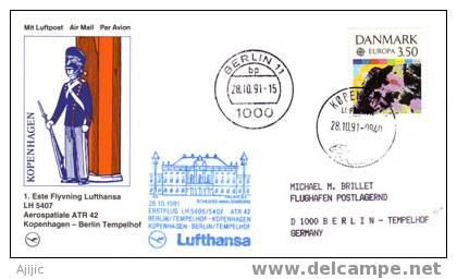 Premier Vol Copenhagen - Berlin Tempelhof 1991 Par Avion Aérospatiale ATR-42.   PRIX REDUIT! - Luchtpostzegels