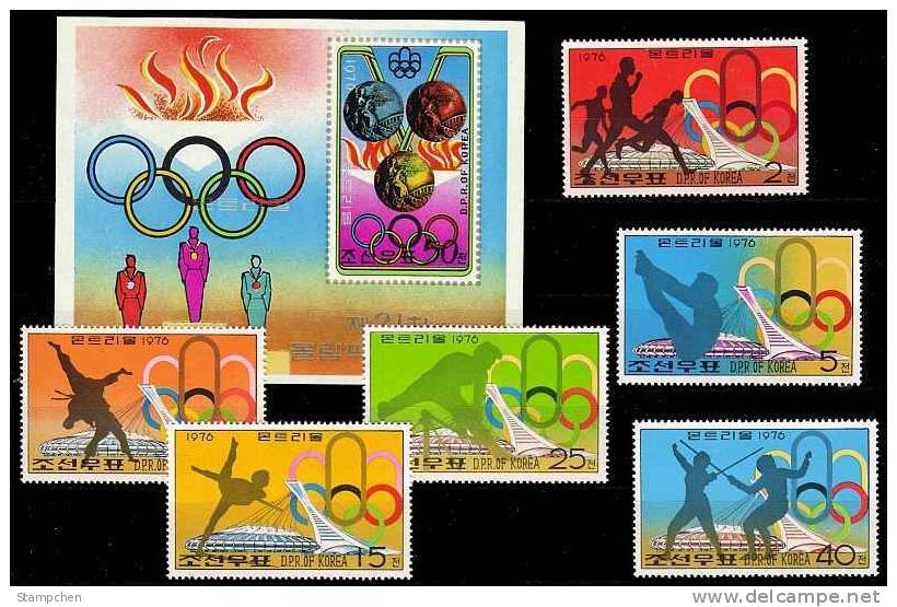 North Korea Stamps +s/s 1976 Olympic Games Gymnastics Diving Fencing Judo Race Sport - Gymnastics