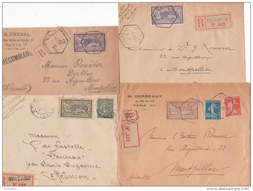 4 LETTRES RECOMMANDEES AVEC MERSONS (DONT 1 ENTIER POUR LA REUNION)   CACHETS D'ARRIVEE - Postal Rates