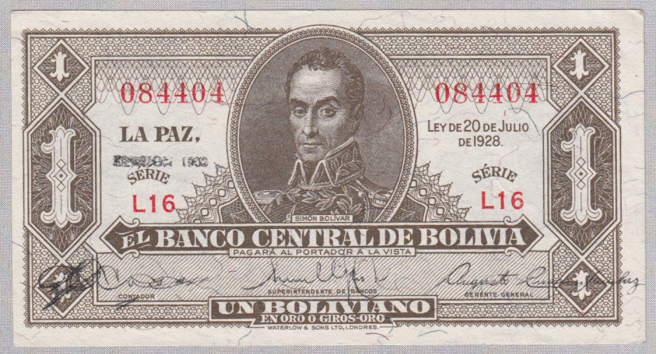 BOLIVIA 1 BOLIVIANO Emision 1951 SERIAL L16 Rare P 128b 128 B - Bolivien