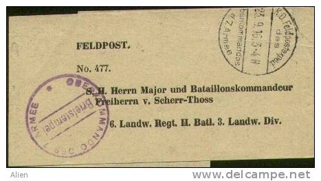 Feldpost-Wikkel Met Violette "OBERKOMMANDO Der 7 ARMEE" 23.9.6. - Army: German