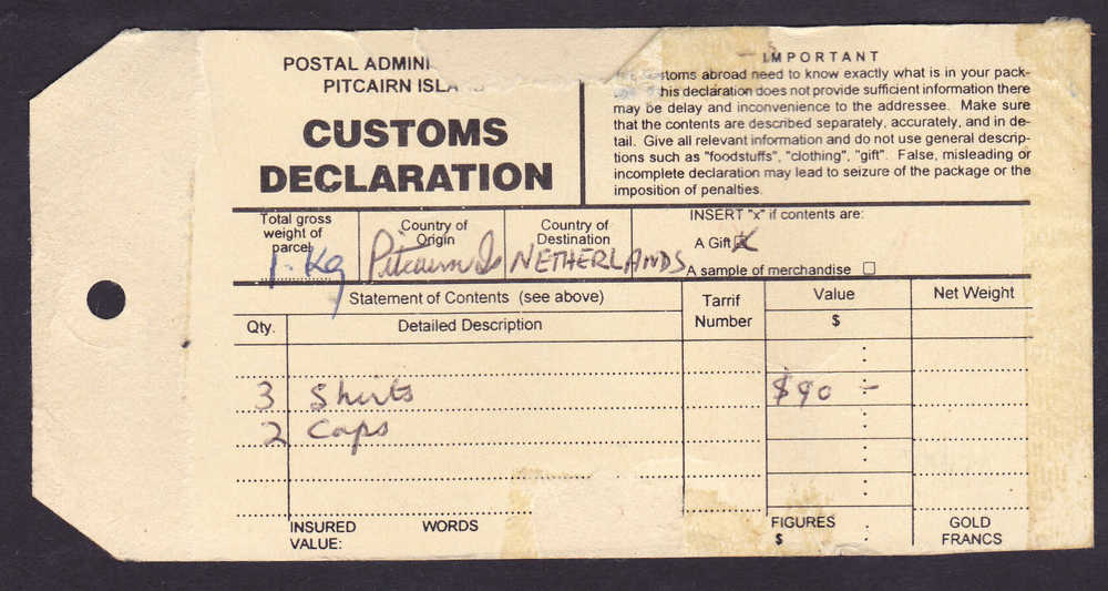 Pitcairn Islands  Costoms Declaration Label From Betty Christian To The Netherlands - Pitcairn Islands