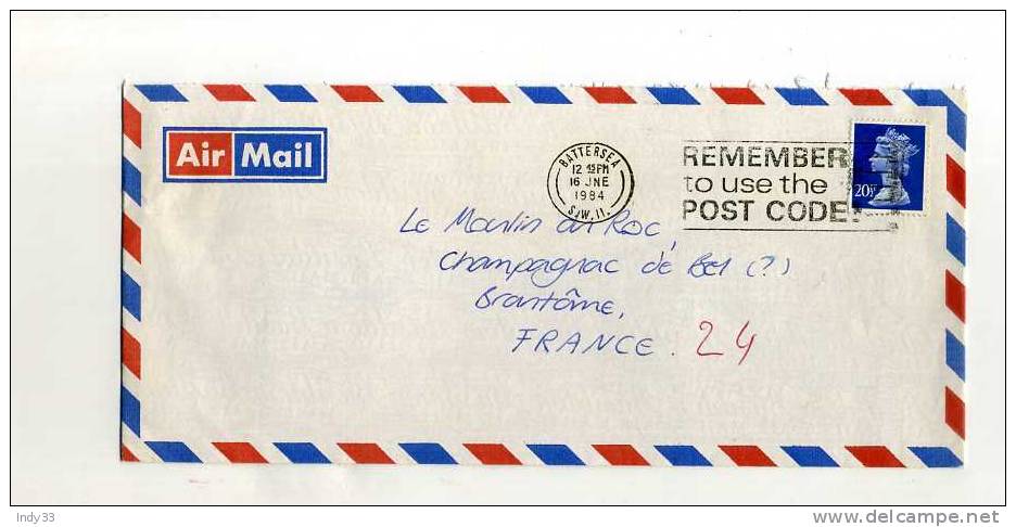 - GRANDE-BRETAGNE . AFFRANCHISSEMENT SIMPLE SUR ENVELOPPE  AIRMAIL DE 1984  POUR LA FRANCE - Cartas & Documentos