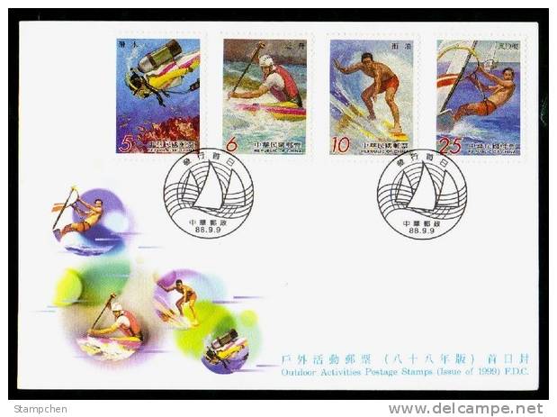 FDC Taiwan 1999 Outdoor Activities Stamps Surfing Diving Rafting Windsurfing Coral Sail Sport - FDC