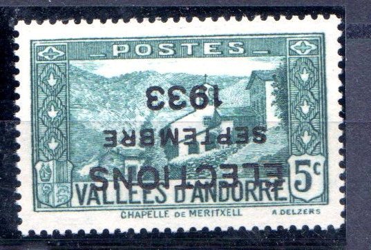 ANDORRE - ** 27A  - 5c Vert-bleu  Surcharge  Renversée "" ELECTIONS SEPTEMBRE 1933 "" - Dallay  Côte 1200 &euro;-Offre 3 - Neufs