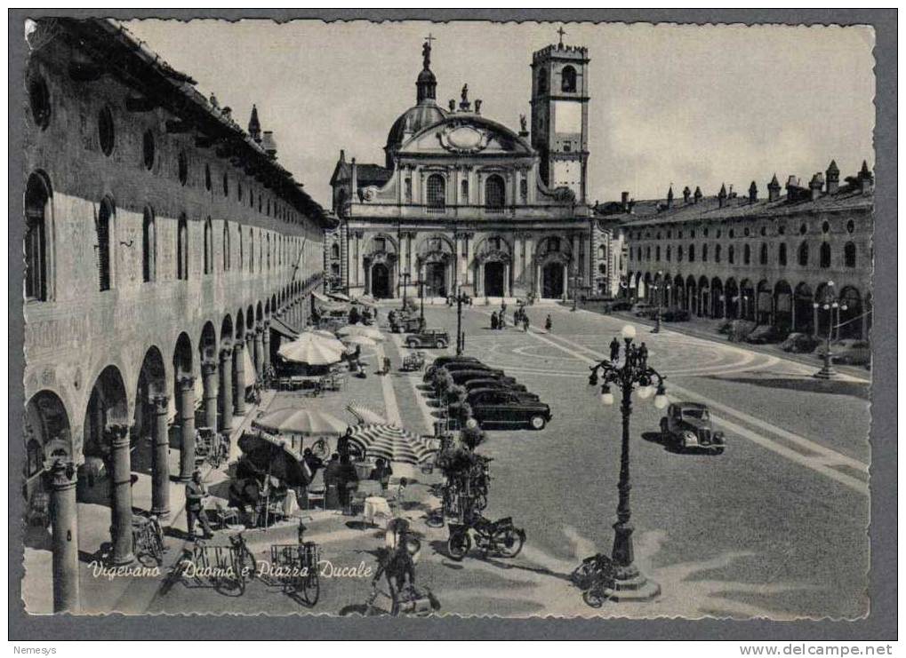 BELLA CARTOLINA SEMILUCIDA VIGEVANO DUOMO E PIAZZA DUCALE ANIMATA AUTOMOBILI NV - Pavia