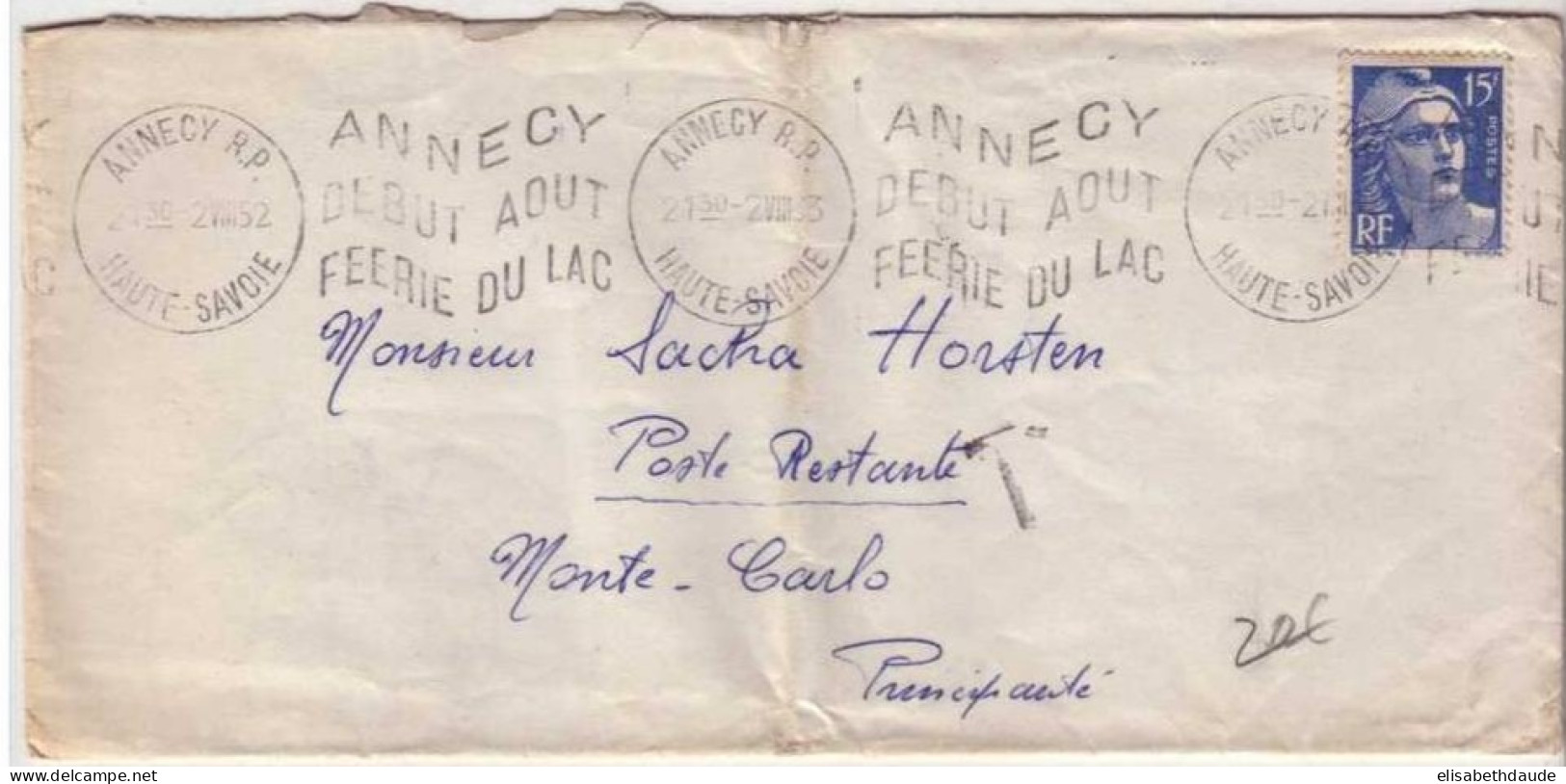 1952 - LETTRE De ANNECY (HAUTE SAVOIE) Pour MONTE CARLO (POSTE RESTANTE) - TAXE 10F - GANDON - Marcophilie