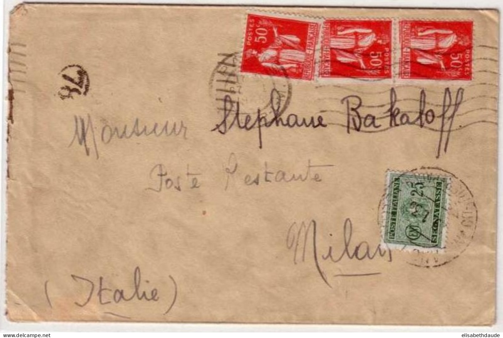 1935 - PAIX 50c X 3 Sur LETTRE De PARIS Pour MILAN POSTE RESTANTE (ITALIE) - TAXE De 25 C. - 1932-39 Paz