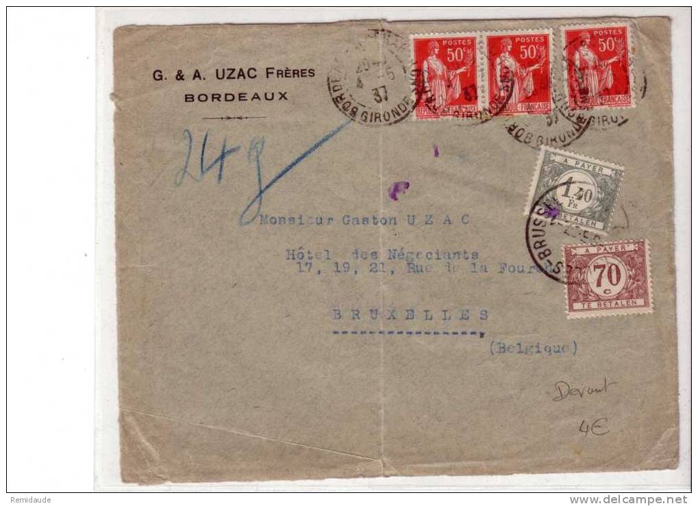 1935 - PAIX 50c X 3 Sur DEVANT De LETTRE De BORDEAUX Pour MILAN BRUXELLES (BELGIQUE) - TAXE De 2F 10 C. - Briefe U. Dokumente