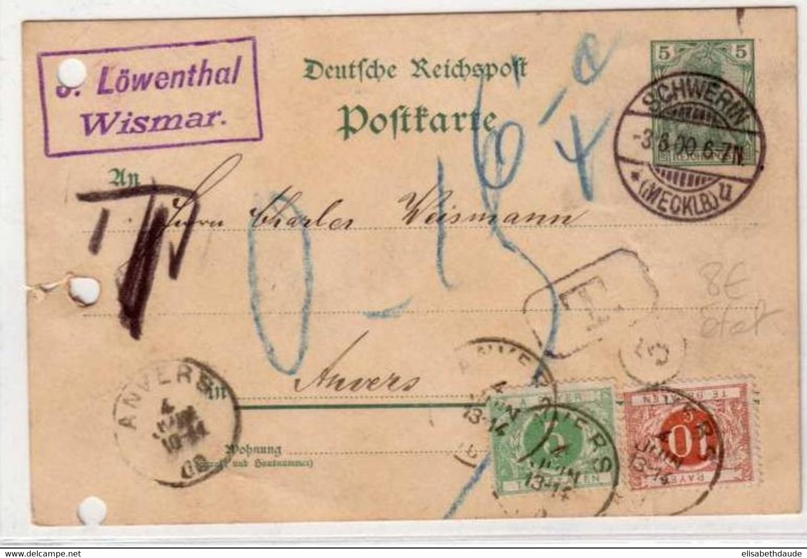 1900 - CARTE POSTALE ENTIER De SCHWERIN (ALLEMAGNE) Pour ANVERS (BELGIQUE) Avec TAXE De 15c. - Lettres & Documents