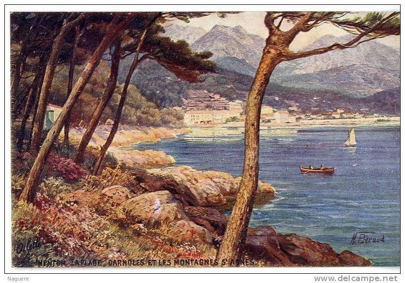 06 MENTON  -  LA PLAGE  -  CARNOLES ET LES MONTAGNES ST ST AGNES - TRES BELLE ILLUSTRATION DE N BERAUD -  EDITION R TUCK - Menton