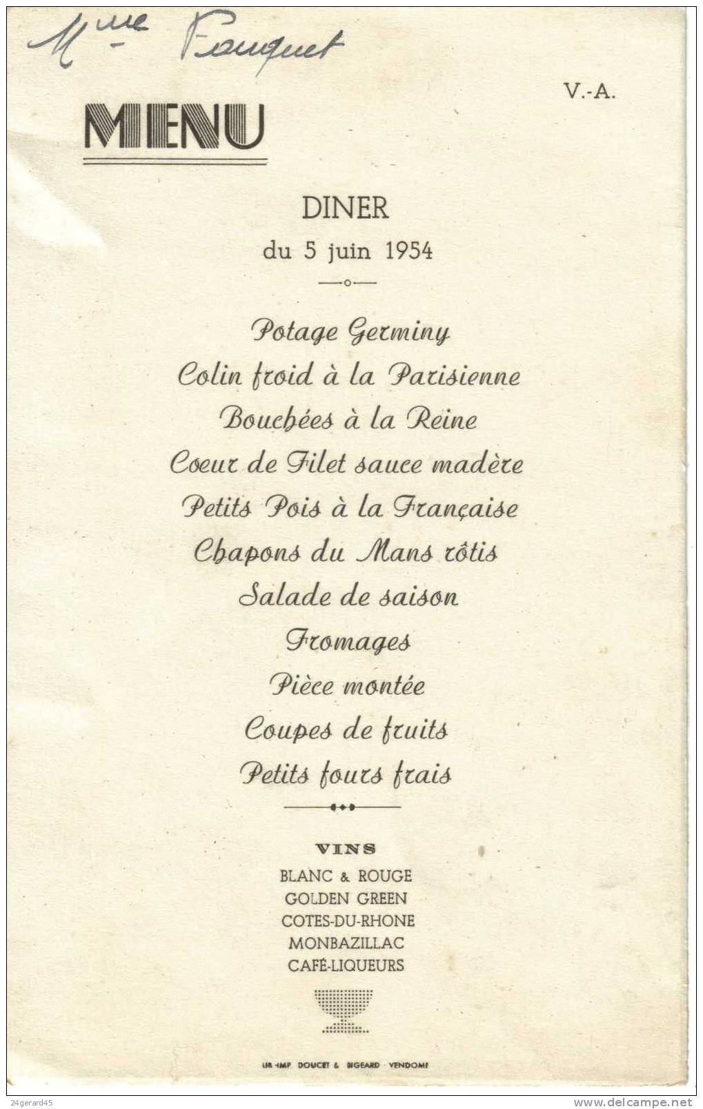 MENU DINER 5 JUIN 1954 - Imp. DOUCET & BIGEARD Vendome - Menus