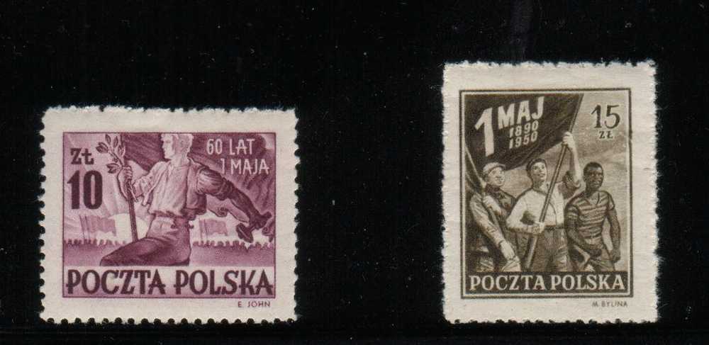 POLAND 1950 60TH ANNIV OF MAY DAY SET OF 2 HM Flags Flowers Workers - Neufs