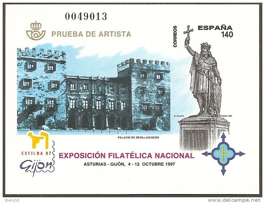 1997-PRUEBA Nº 64 -EXFILNA´97 GIJÓN.PALACIO DE REVILLAGIGEDO Y ESTATUA DE D. PELAYO - Essais & Réimpressions