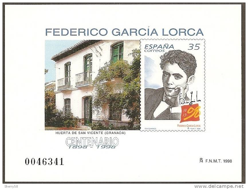 1998-PRUEBA Nº65 -I CENTENARIO  NACIMIENTO DE  GARCIA LORCA.HUERTA DE S. VICENTE (GRANADA - Proofs & Reprints