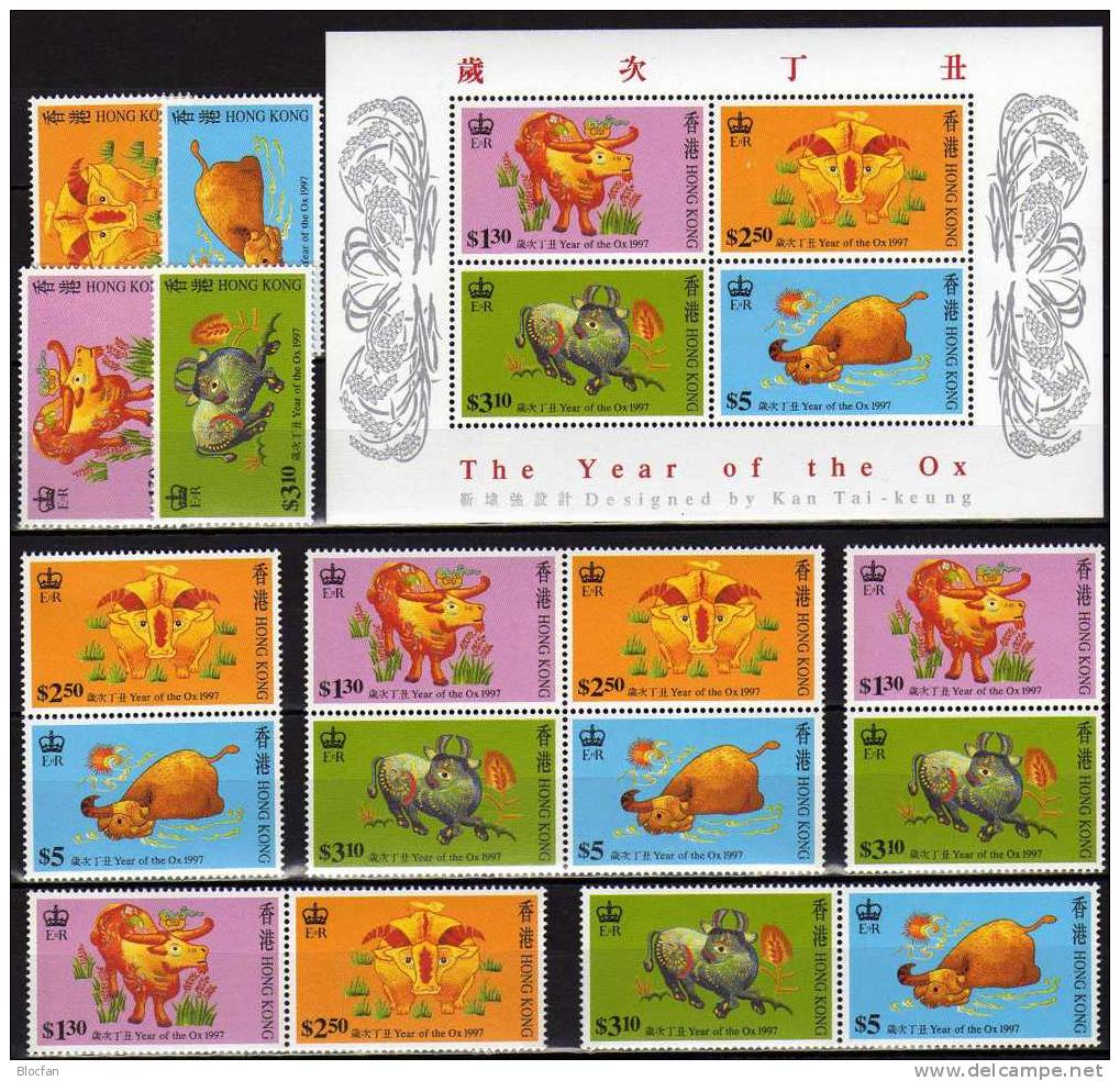 Variationen Jahr Des Ochsen 1997 Hongkong 785/8,5xZD+Block 45 ** 20€ Chinesische Neujahr Stickerei Art Bloc Bf HONG KONG - Colecciones & Series