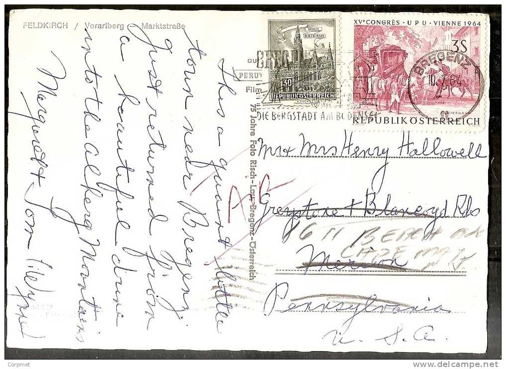 AUSTRIA -  1964 POSTCARD With U.P.U. Stamp From BREGENZ To PENNSYLVANIA FWD To NEW JERSEY - Lettres & Documents