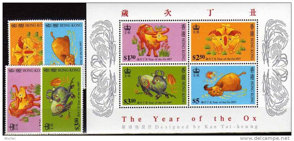 New Year Of The Ox 1997 HONG KONG Hongkong 785/8 Plus Bloc 45 ** 8€ Chinesisches Neujahr Stickerei - Neufs