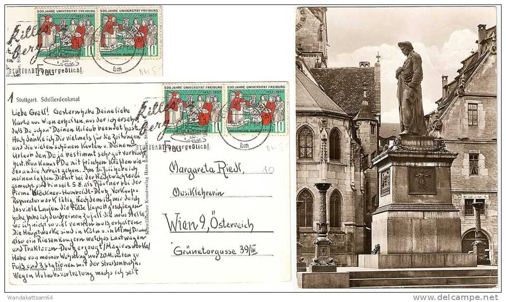 AK 1151 Stuttgart. Schillerdenkmal 15. 9.57-20 (14a) STUTTGART 9 Bm Werbestempel Killesberg STUTTGART Unvergeßlich! - Villingen - Schwenningen