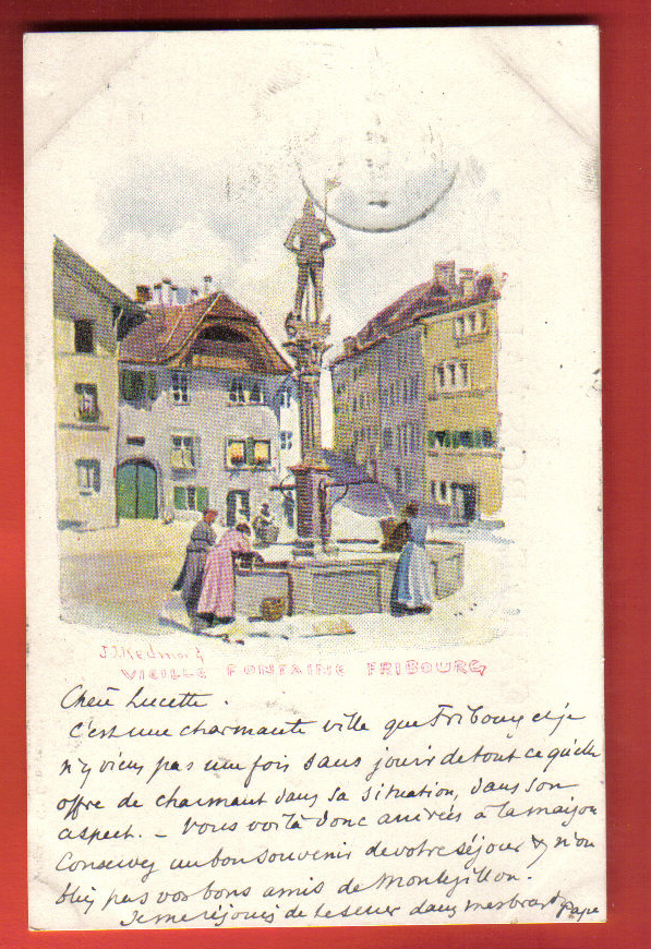 D1216 Litho Redmond Vieille Fontaine De Fribourg.Cachet Fribourg Succursale 1899.Précurseur.Vouga - Fribourg
