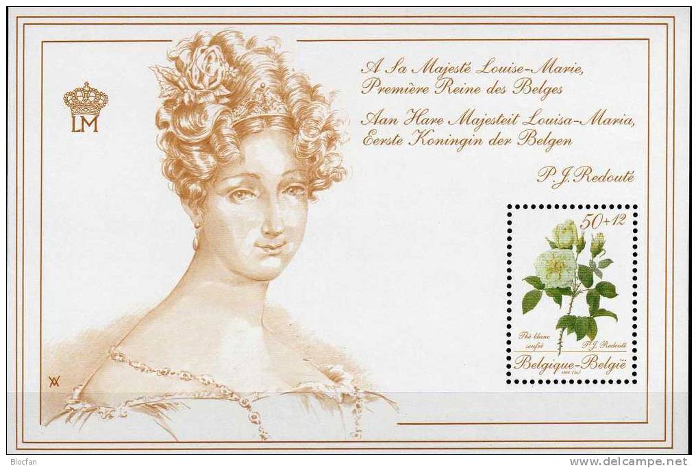 Rosen Für Königin Belgien 1988 Block 57 ** 7€ Blanc Soufre Förderung Philatelie Blume Zeichnung Redoute Sheet Bf Belgica - Femmes Célèbres
