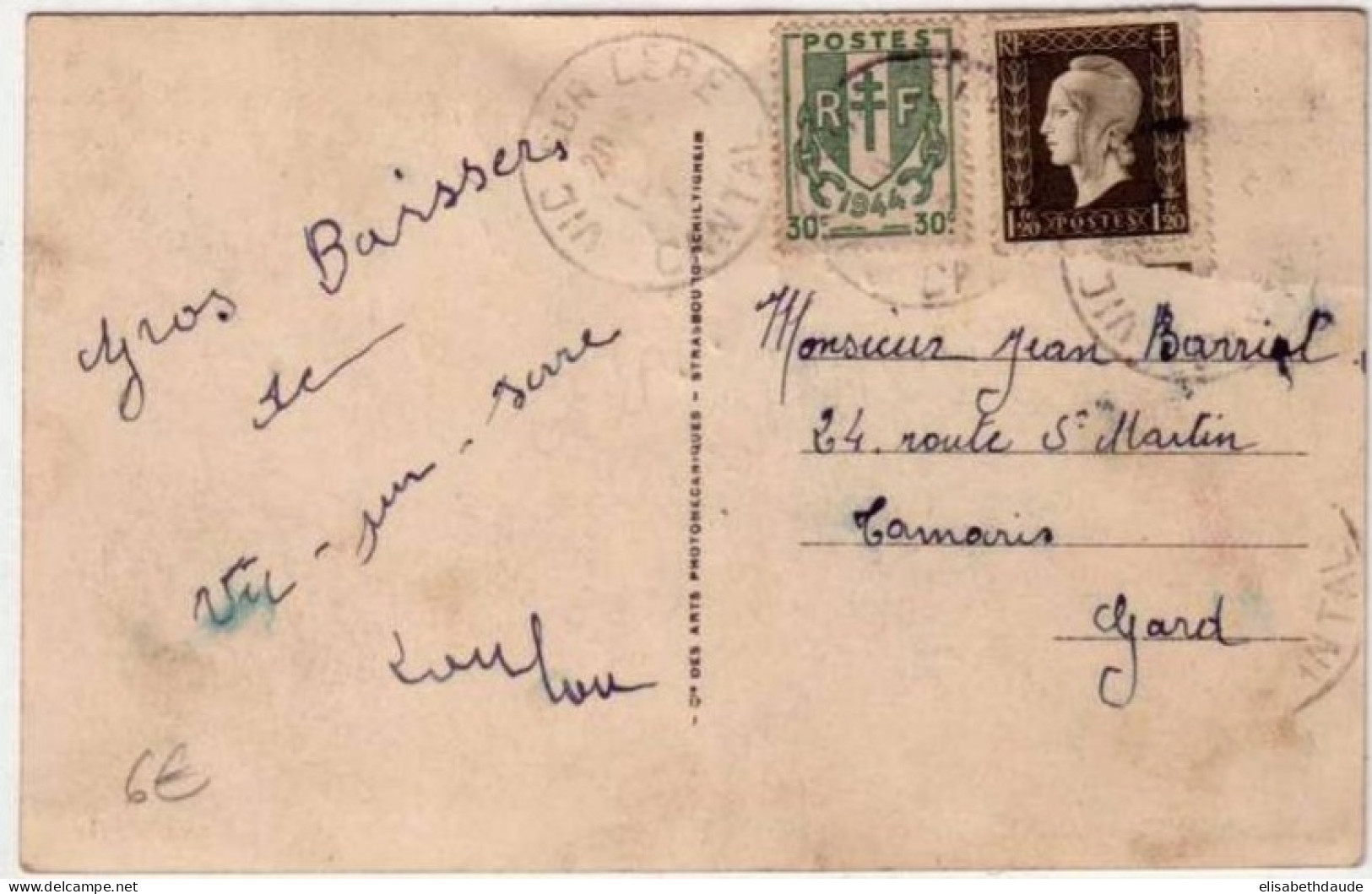 DULAC + CHAINES BRISEES - 1945 - YVERT N° 690 + 671 Sur CARTE POSTALE De VIC Sur CERE (CANTAL) Pour TAMARIS (GARD) - 1944-45 Marianne (Dulac)