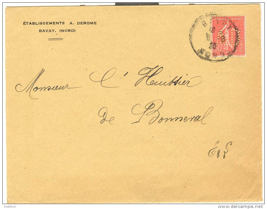 Semeuse Perforée AD Sur Lettre Entière à En-tête A. Derome - Bavay Nord 1959 - Lettre Entière - Autres & Non Classés