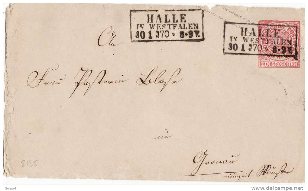 2135# NORDDEUTSCHER BUND GANZSACHEN Obl HALLE IN WESTFALEN 1870 DEUTSCHLAND LETTRE COVER - Briefe U. Dokumente