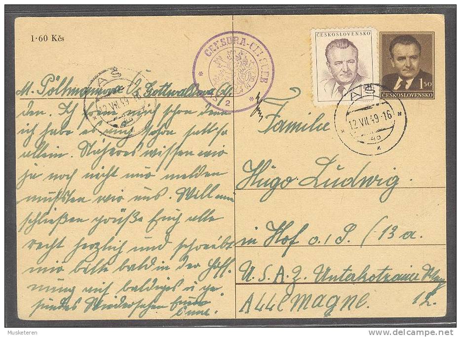 Czechoslocakia Uprated Postal Stationery AS 1949 Purple Censura Censur Zensur Mark To U.S. Zone In Occupied Germany - Ansichtskarten