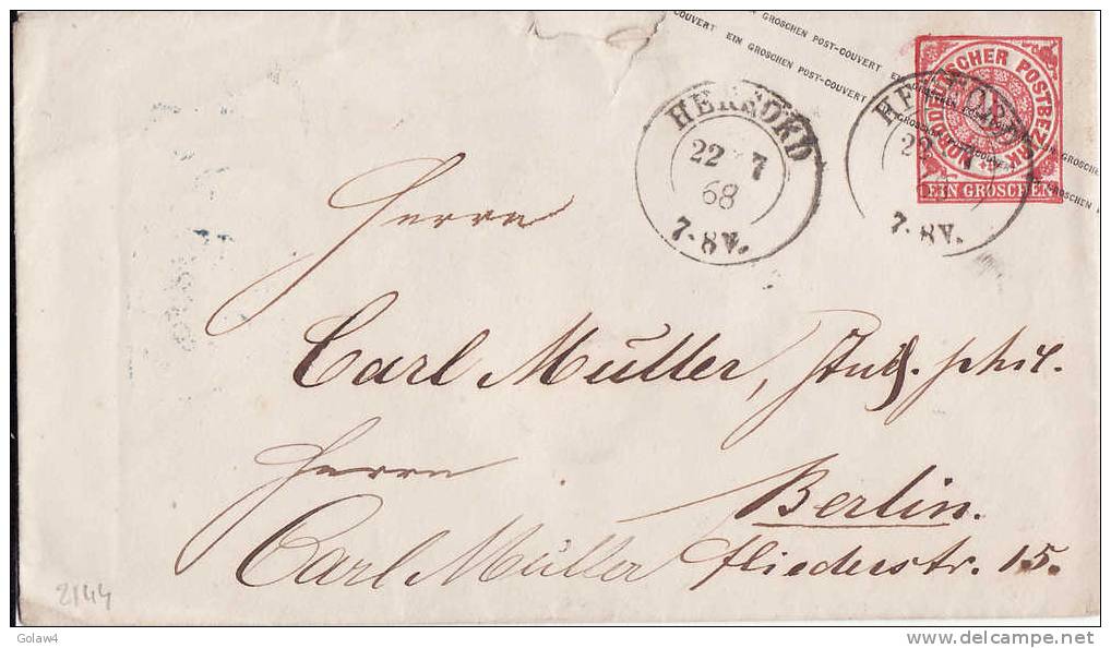 2144# NORDDEUTSCHER BUND GANZSACHEN Obl HEREFORD 1868 RHENANIE WESTPHALIE Nach BERLIN DEUTSCHLAND LETTRE COVER - Postal  Stationery