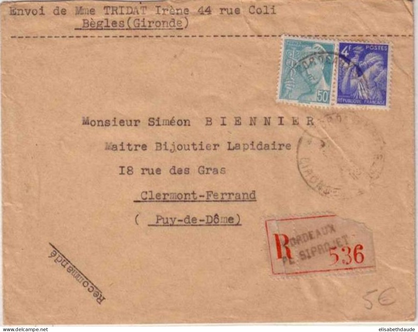 IRIS + MERCURE - 1944 - Yvert N°656+549 Sur LETTRE RECOMMANDEE De BEGLES BORDEAUX (GIRONDE) Pour CLERMONT - 1939-44 Iris