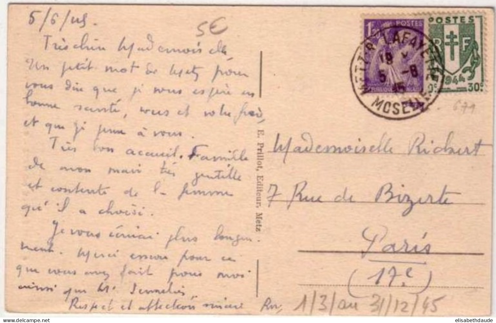 IRIS + CHAINES BRISEES - 1945 - Yvert N°651 + 671 Sur CARTE POSTALE De METZ (MOSELLE) - 1939-44 Iris