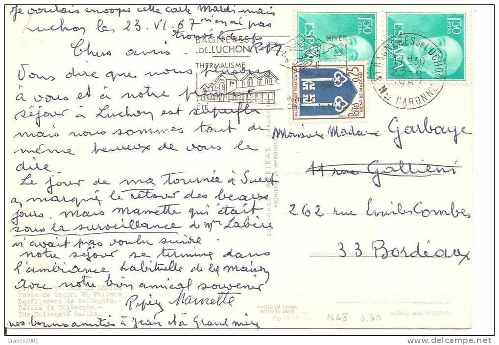 N Y&t  1468  CP  BAGNERE DE LUCHON    Vers   BORDEAUX Le 23 JUIN 1962 - Covers & Documents