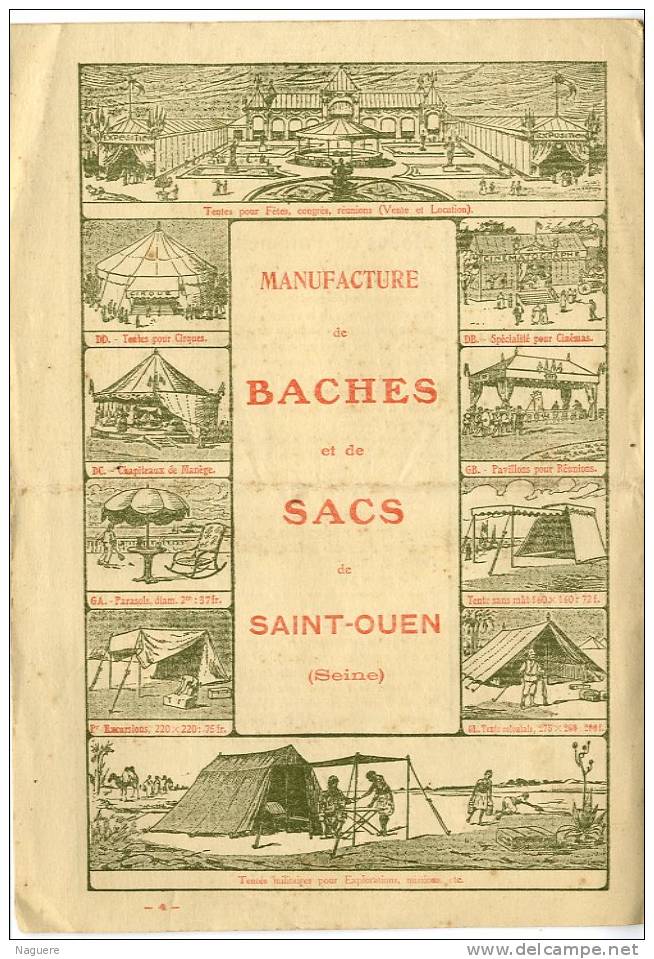 MANUFACTURE DE BACHES ET DE SACS DE SAINT OUEN  -  FASCICULE DE 12 PAGES AVEC TARIF - Advertising