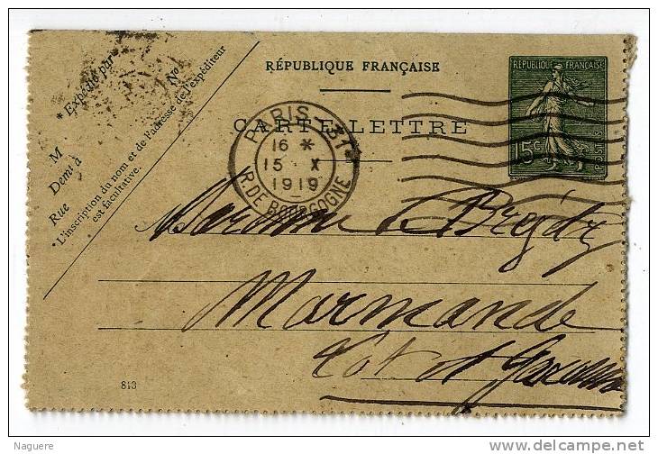 CARTE LETTRE  ENTIER POSTAL TYPE SEMEUSE LIGNEE 15c  1919  -  CACHET PARIS 31 - Letter Cards