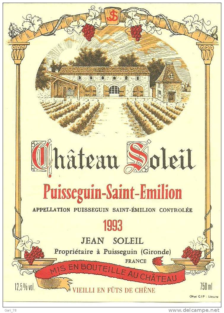 Etiquette De Vin ; Château Soleil - Puisseguin-Saint-Emilion 1993 - Castles