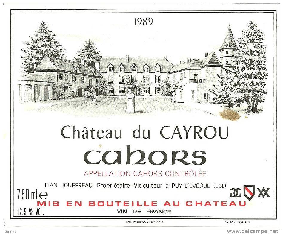 Etiquette De Vin ; Château Du Cayrou CAHORS,  Jouffreau - 1989 - Castles