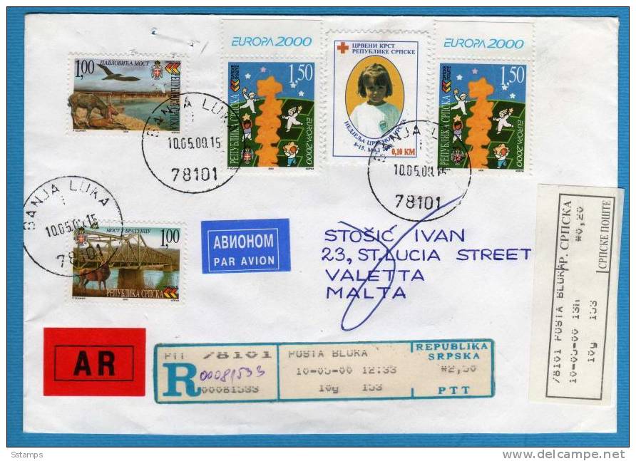 U-P2  BOSNIA SERBA 2000 EUROPA CEPT  SERBISCHE REPUBLIK   RRR CHILDREN RECCO LETTER -AR- BANJA LUKA-VALETA-MALTA  RETUR - 2000