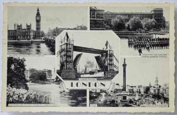 UK / ENGLAND - Central London, 1950s Multiview Souvenir Postcard - Big Ben, Tower Bridge, Buckingham, Trafalgar - Trafalgar Square