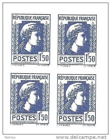 Yvert N° 639 Marianne D'alger Epreuve Originale  Non Dentelée En Bloc De Quatre   RARE   Net :  25,00 € - Autres & Non Classés