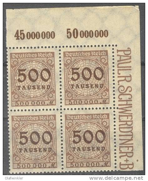 1923 500 Tsd Eckoberrandviererblock Mi 313A P OR Platte A / Sc 280 / YT 294 Posfrisch/neuf Sans Charniere/MNH - Sonstige & Ohne Zuordnung